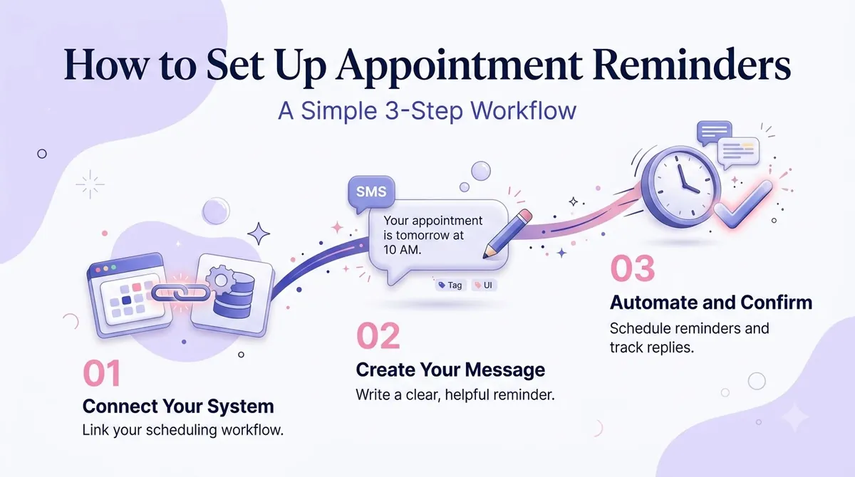 Three-step workflow: connect your system, create your message, automate and confirm