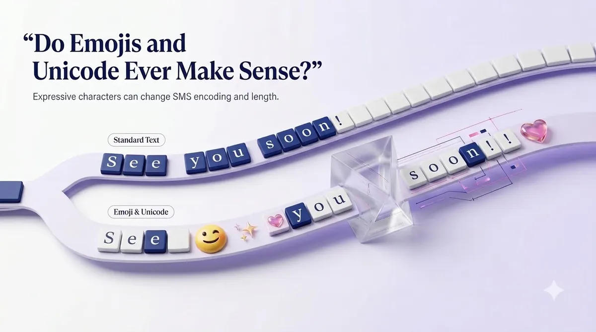 A standard text compared with an emoji text, showing that emojis change SMS encoding and length