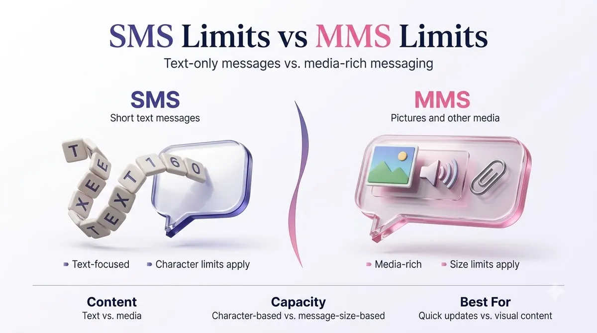 SMS text messages with character limits compared with MMS media messages with size limits