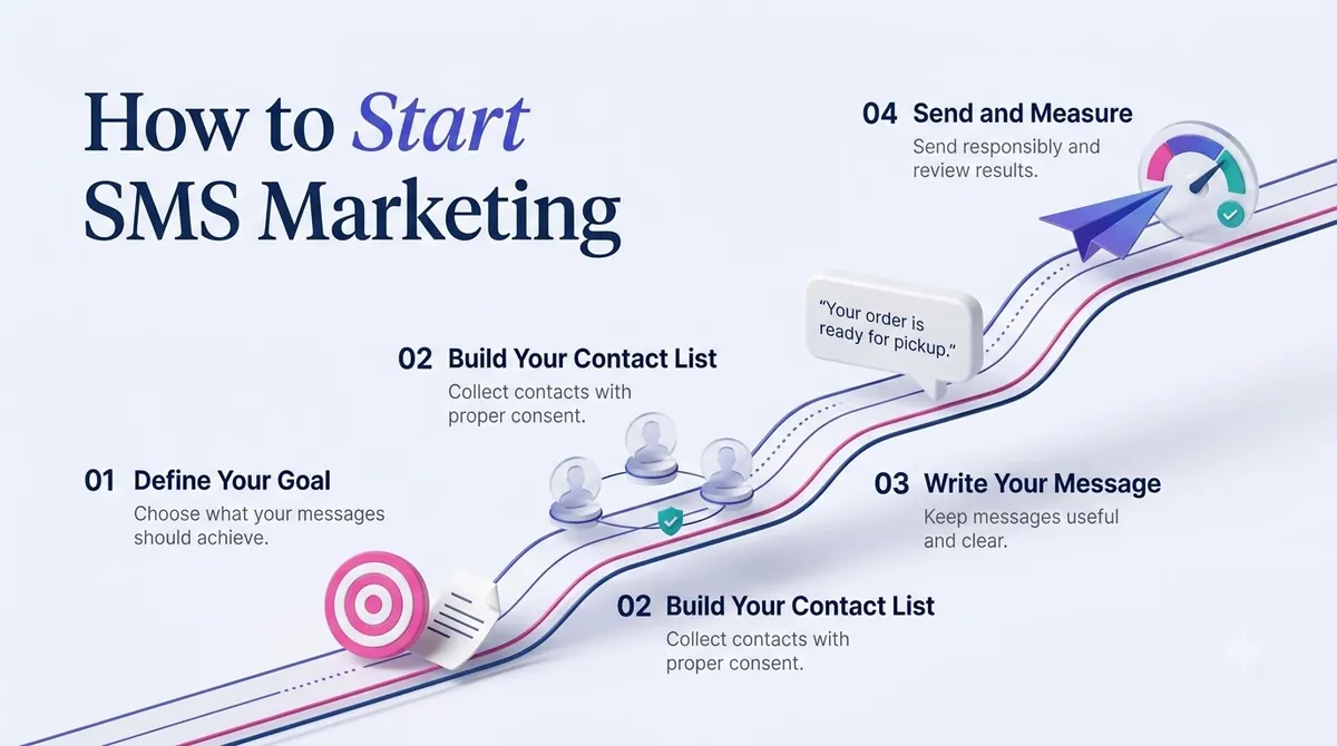 Steps to start SMS marketing: define your goal, build your contact list, write your message, send and measure