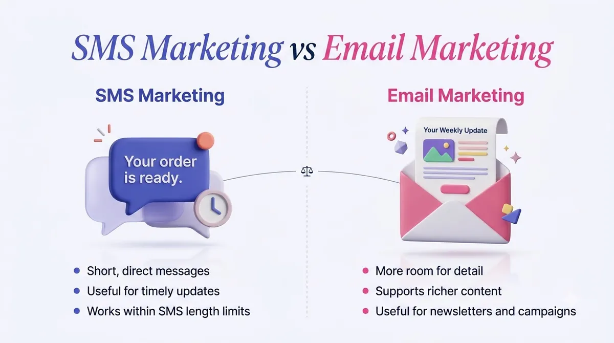 SMS marketing for short direct messages compared with email marketing for richer content
