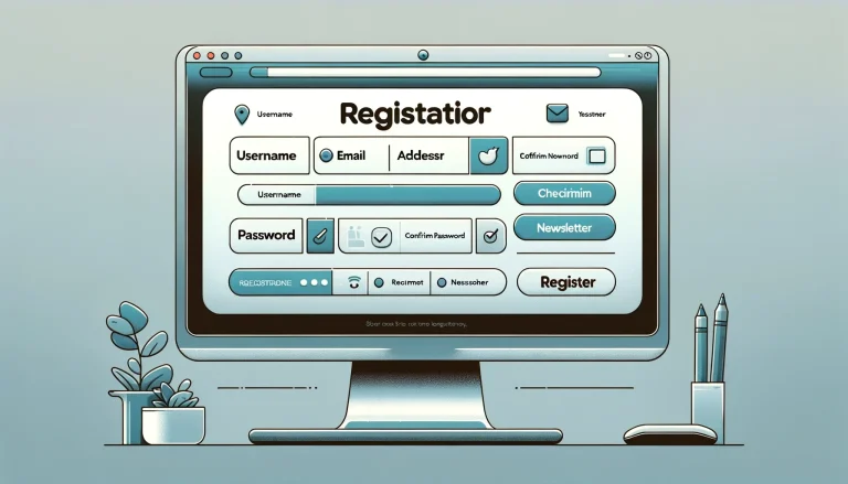 DALL·E 2023-12-08 17.51.16 - A detailed illustration of a website registration page, displayed on a computer screen. The page includes various fields such as 'Username', 'Email Ad
