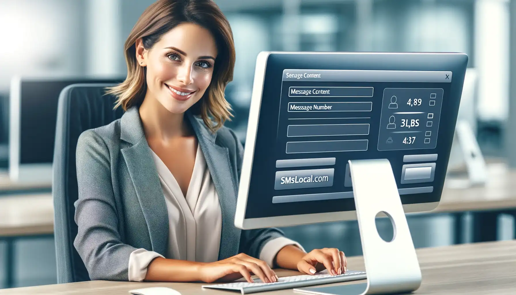 DALL·E 2023-12-14 15.52.20 - A professional, attractive woman with a natural smile, dressed in business attire, working in a modern office setting, displayed in a 16_9 aspect rati
