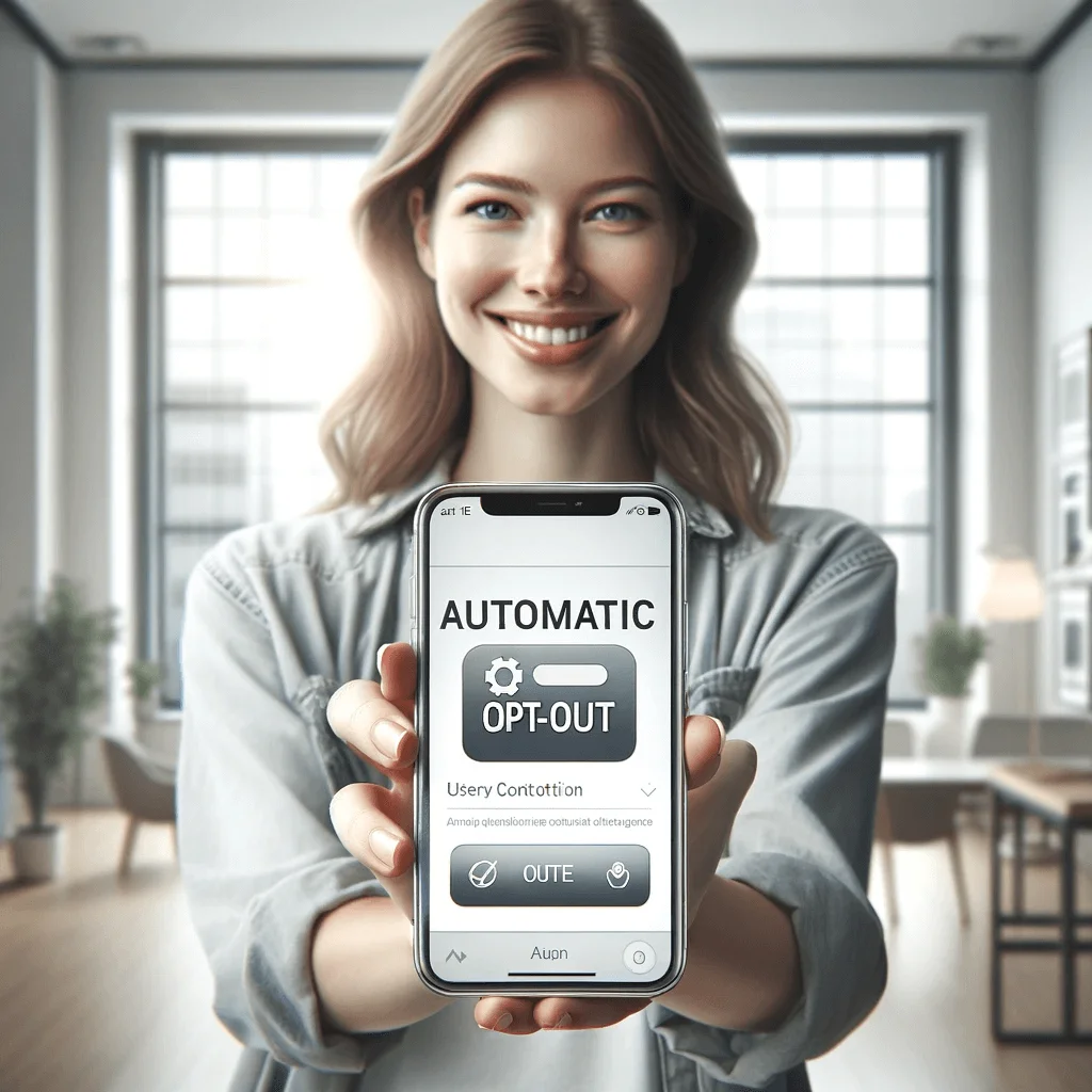 DALL·E 2023-12-21 15.28.36 - A smiling person holding a smartphone, with the screen displaying the title 'Automatic Opt-Out' in clear, large text. The person is of an indistinct g (1)