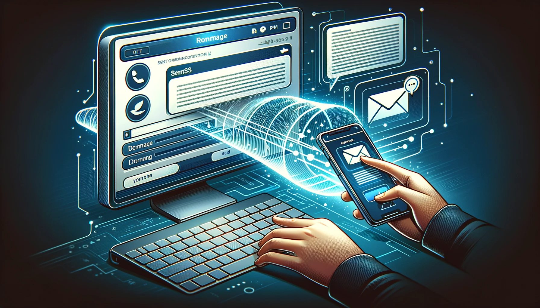 DALL·E 2024-01-15 13.49.57 - An illustration showcasing the process of sending SMS messages from a website, depicted in a modern digital art style. The image should be in a horizo