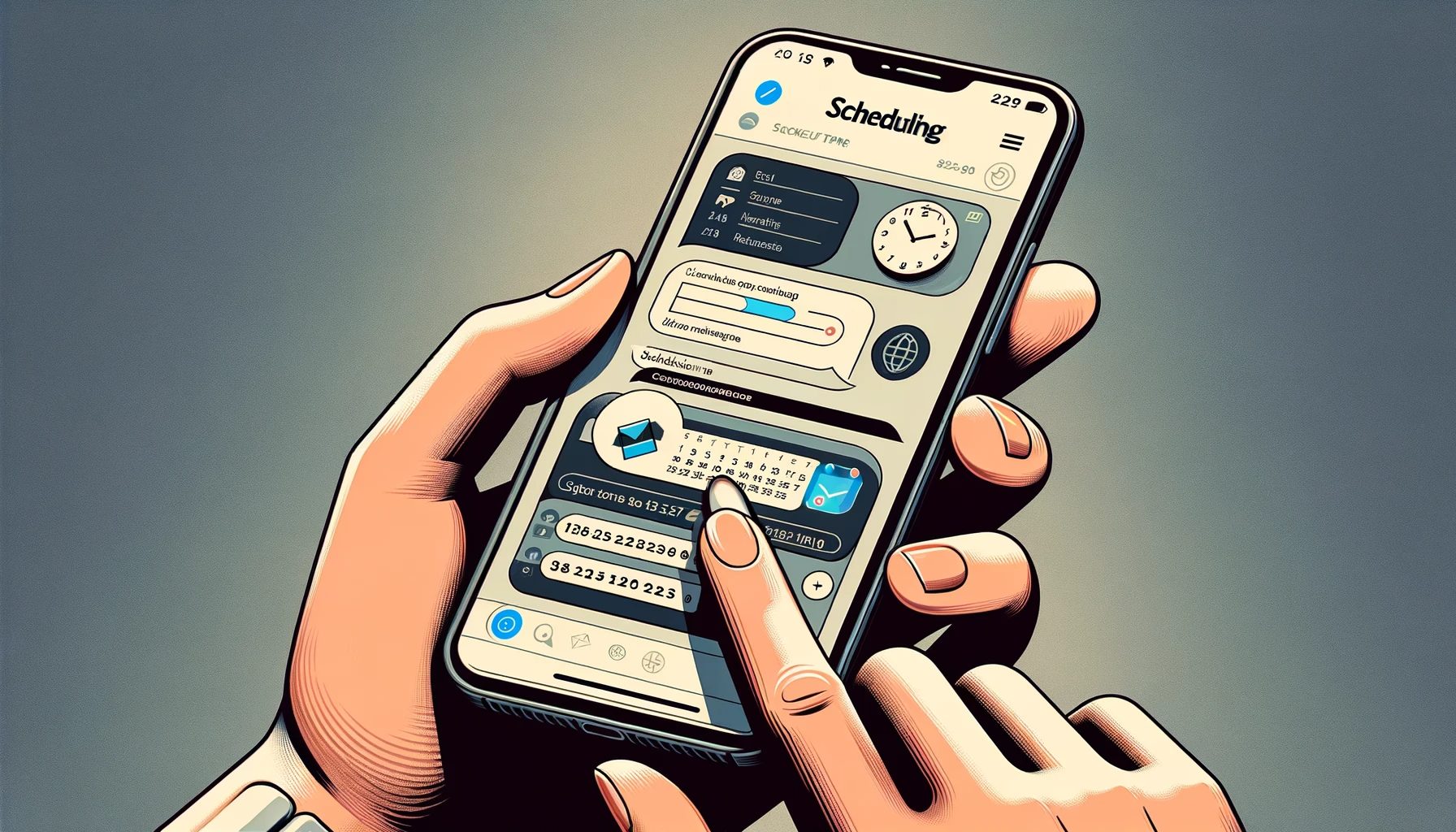 DALL·E 2024-01-11 12.41.08 - An illustration showing the process of scheduling a text message on a smartphone. The image should depict a hand holding a modern smartphone. On the p