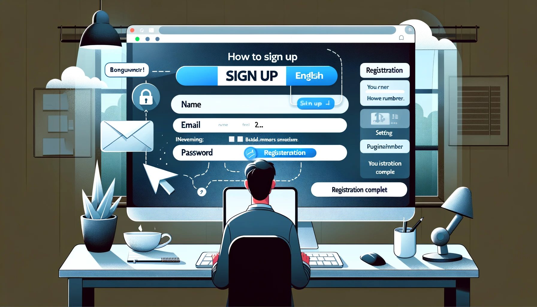 DALL·E 2024-01-20 11.23.21 - A step-by-step guide illustration on how to sign up with BulkSMS in English. The image should depict a computer screen showing the BulkSMS website wit