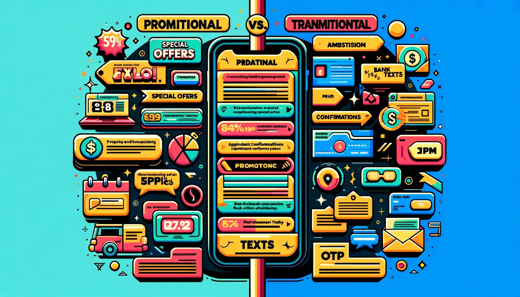 DALL·E 2024-01-24 11.18.56 - A visual comparison of Promotional and Transactional Texts. The left side of the image represents Promotional Texts with vibrant colors, images of spe